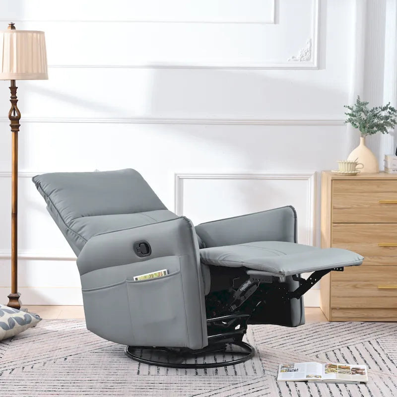 Poltrona reclinabile girevole a 360° con funzione dondolo in similpelle PU blu-grigio e tasche laterali