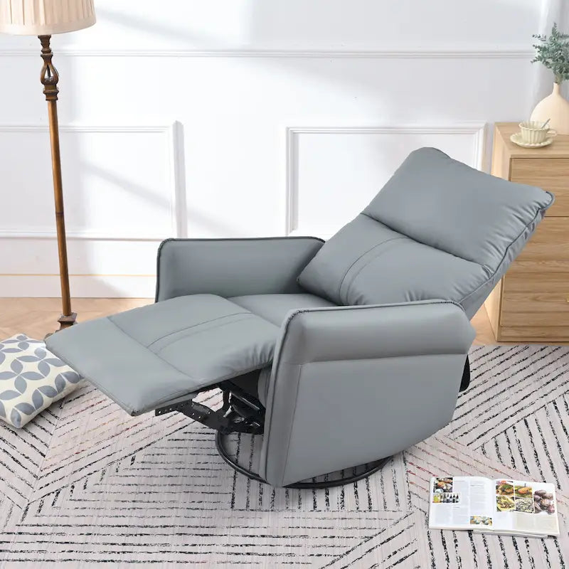 Poltrona reclinabile girevole a 360° con funzione dondolo in similpelle PU blu-grigio e tasche laterali
