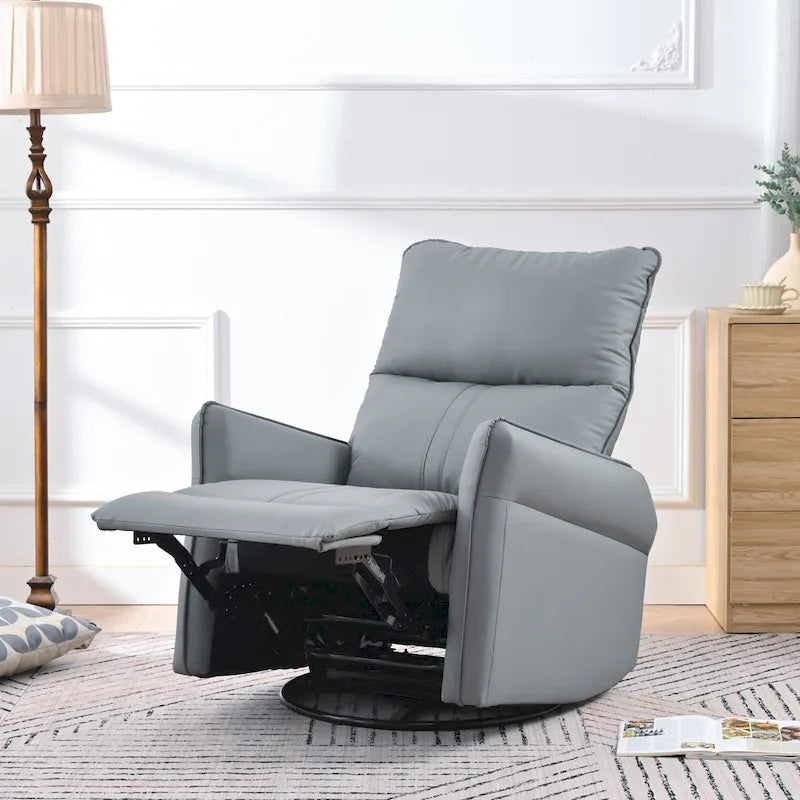 Poltrona reclinabile girevole a 360° con funzione dondolo in similpelle PU blu-grigio e tasche laterali