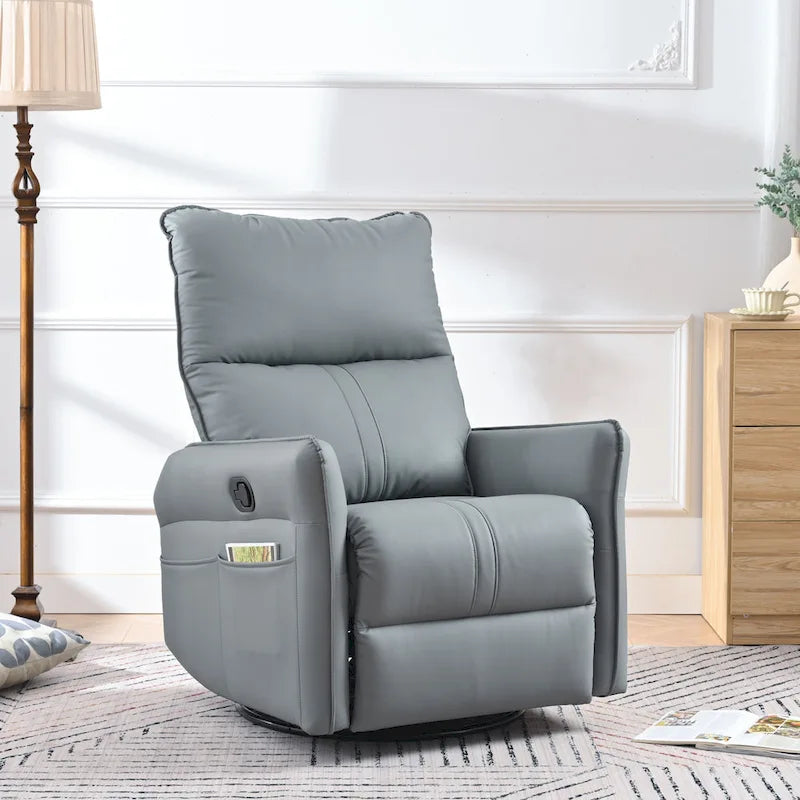 Poltrona reclinabile girevole a 360° con funzione dondolo in similpelle PU blu-grigio e tasche laterali