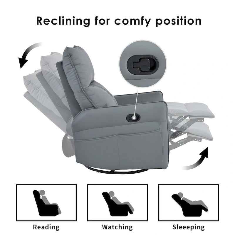 Poltrona reclinabile girevole a 360° con funzione dondolo in similpelle PU blu-grigio e tasche laterali