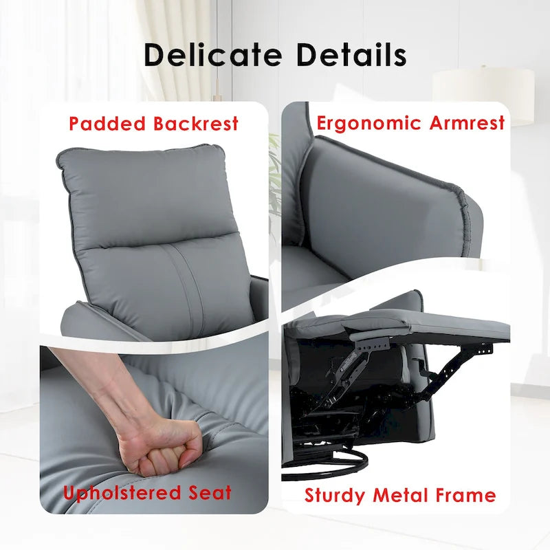 Poltrona reclinabile girevole a 360° con funzione dondolo in similpelle PU blu-grigio e tasche laterali