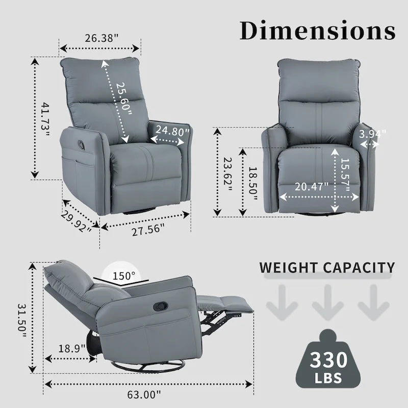 Poltrona reclinabile girevole a 360° con funzione dondolo in similpelle PU blu-grigio e tasche laterali