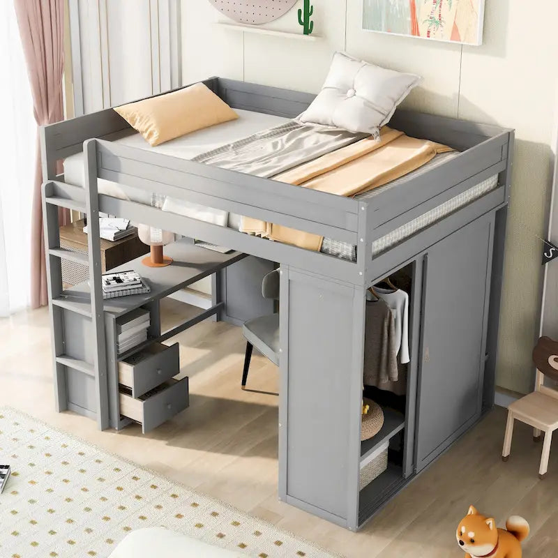 Letto a soppalco in legno per una piazza e mezza con armadi e scrivania con 2 cassetti e mobiletto