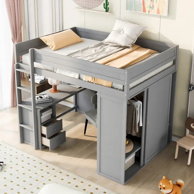 Letto a soppalco in legno per una piazza e mezza con armadi e scrivania con 2 cassetti e mobiletto