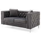 Divano a 2 posti in velluto con bottoni e borchie decorative e cuscini - 63 - Grigio