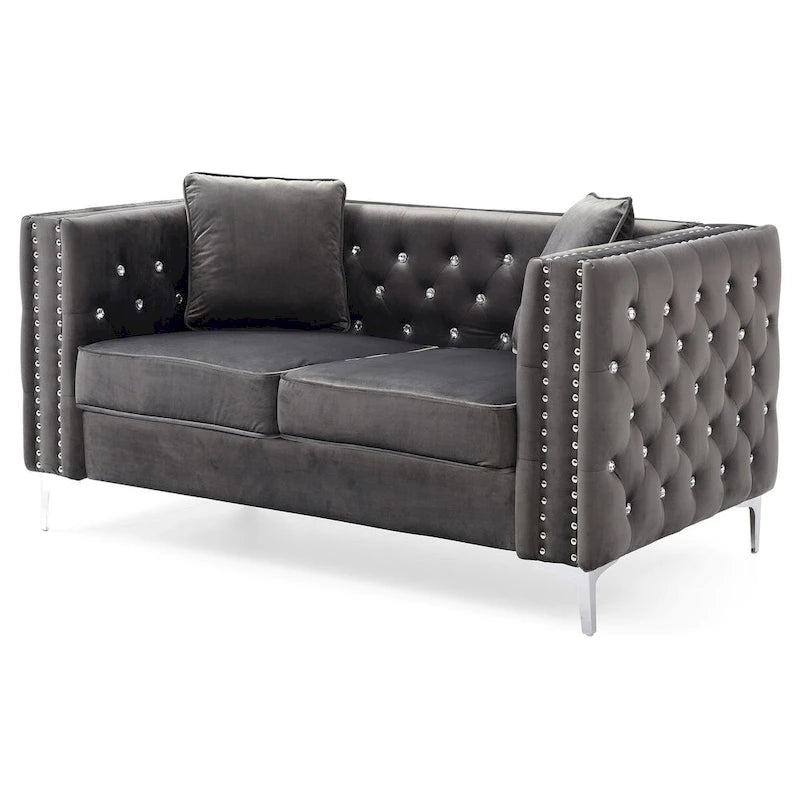 Divano a 2 posti in velluto con bottoni e borchie decorative e cuscini - 63 - Grigio