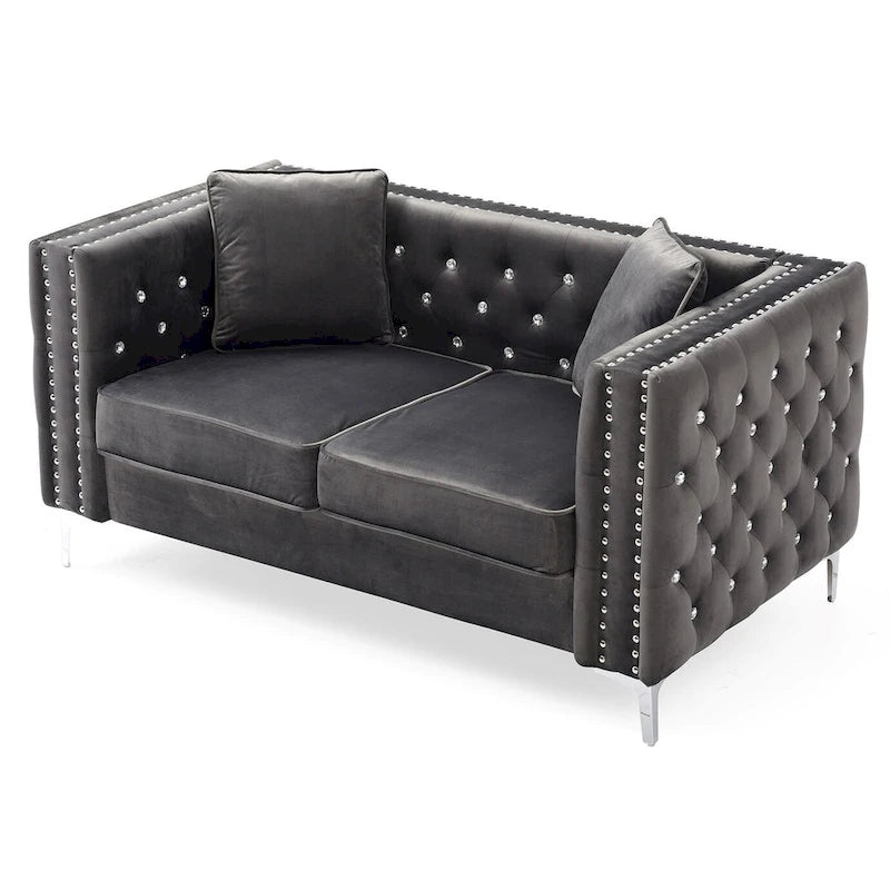 Divano a 2 posti in velluto con bottoni e borchie decorative e cuscini - 63 - Grigio