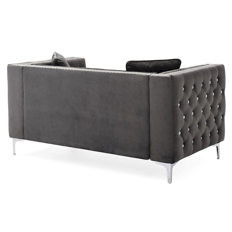 Divano a 2 posti in velluto con bottoni e borchie decorative e cuscini - 63 - Grigio