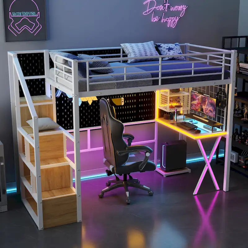 Letto a soppalco da gaming in metallo con postazione di lavoro e armadio integrati, struttura letto a soppalco resistente con scala contenitore e luci a LED