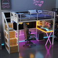 Letto a soppalco da gaming in metallo con postazione di lavoro e armadio integrati, struttura letto a soppalco resistente con scala contenitore e luci a LED