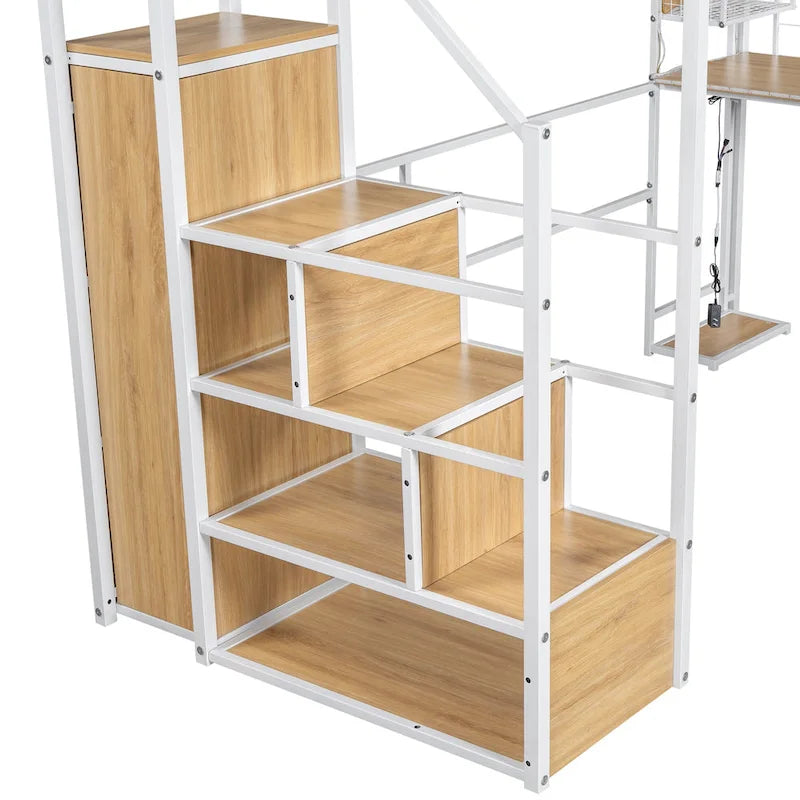 Gaming Metal Loft Bed with Built-in Work Station & Wardrobe, Heavy Duty Loft Bed Frame with Storage Staircase and LED Lights