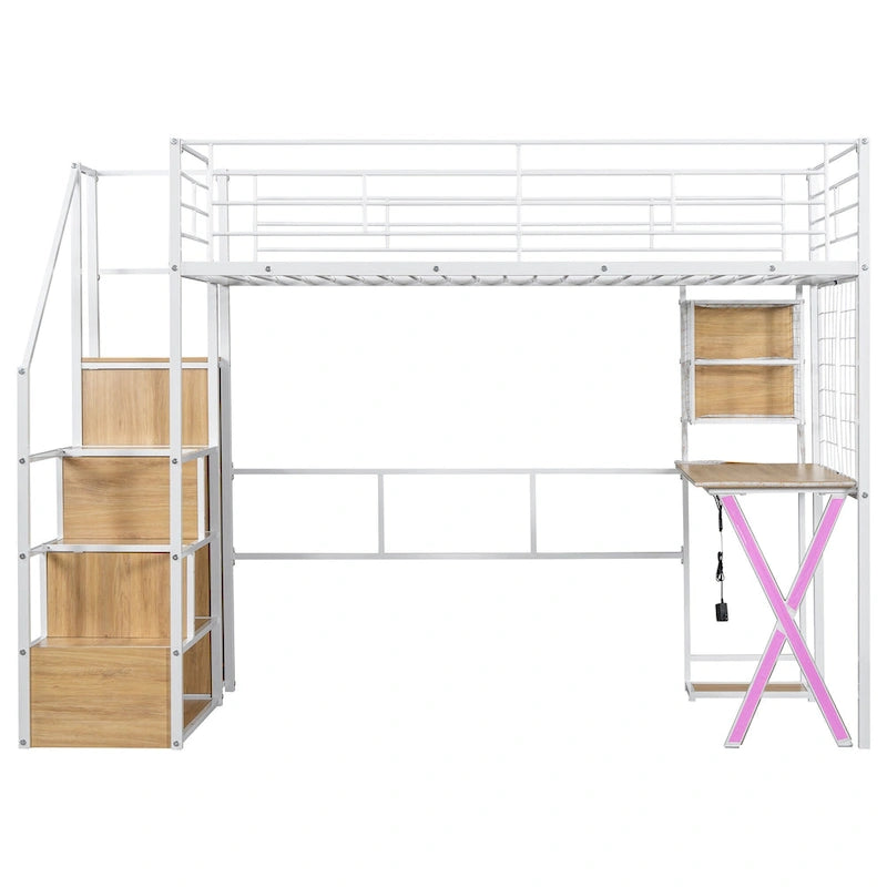 Letto a soppalco da gaming in metallo con postazione di lavoro e armadio integrati, struttura letto a soppalco resistente con scala contenitore e luci a LED