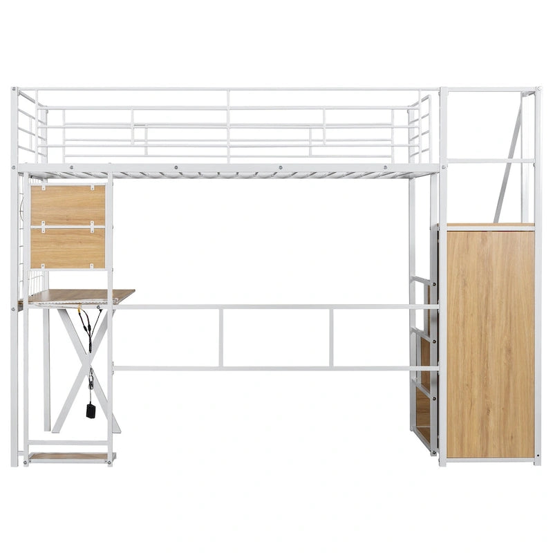 Letto a soppalco da gaming in metallo con postazione di lavoro e armadio integrati, struttura letto a soppalco resistente con scala contenitore e luci a LED
