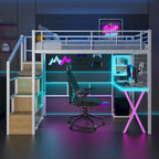 Letto a soppalco da gaming in metallo con postazione di lavoro e armadio integrati, struttura letto a soppalco resistente con scala contenitore e luci a LED