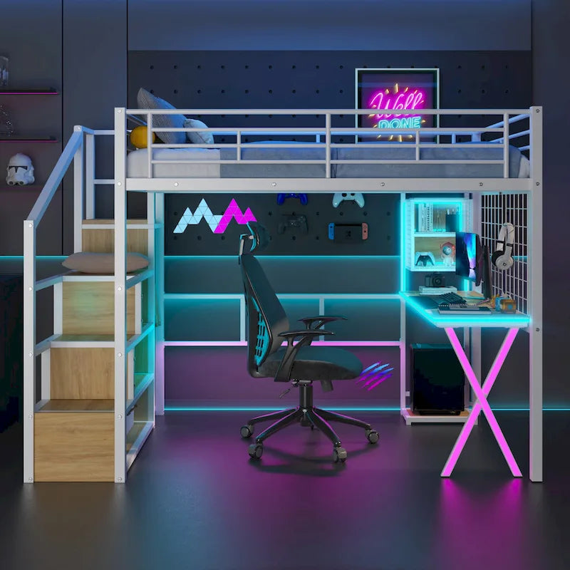 Letto a soppalco da gaming in metallo con postazione di lavoro e armadio integrati, struttura letto a soppalco resistente con scala contenitore e luci a LED