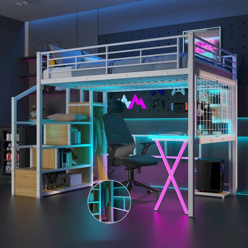 Letto a soppalco da gaming in metallo con postazione di lavoro e armadio integrati, struttura letto a soppalco resistente con scala contenitore e luci a LED