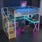 Letto a soppalco da gaming in metallo con postazione di lavoro e armadio integrati, struttura letto a soppalco resistente con scala contenitore e luci a LED