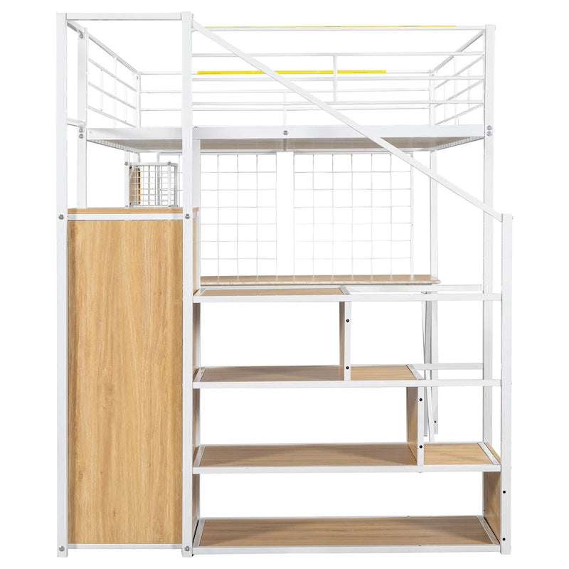 Letto a soppalco da gaming in metallo con postazione di lavoro e armadio integrati, struttura letto a soppalco resistente con scala contenitore e luci a LED