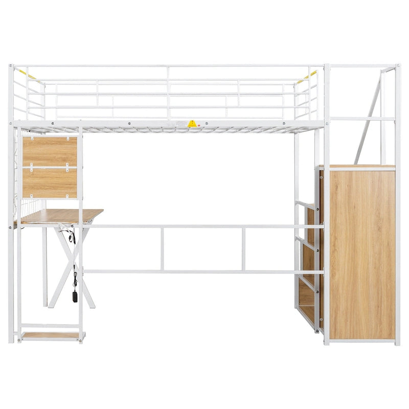 Letto a soppalco da gaming in metallo con postazione di lavoro e armadio integrati, struttura letto a soppalco resistente con scala contenitore e luci a LED