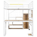 Letto a soppalco da gaming in metallo con postazione di lavoro e armadio integrati, struttura letto a soppalco resistente con scala contenitore e luci a LED