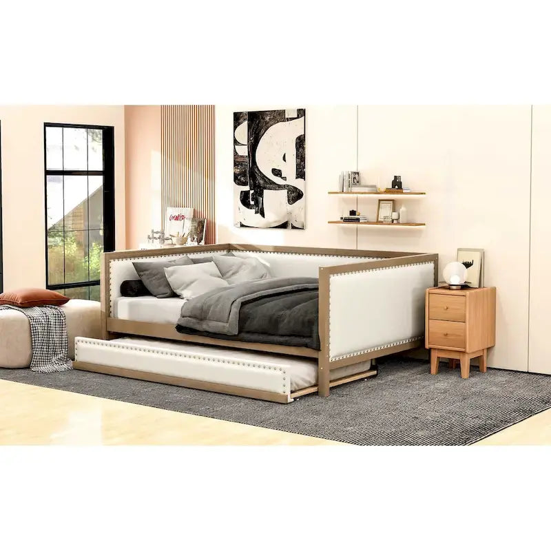 Letto a giorno imbottito Full Size con letto estraibile e decorazione con borchie