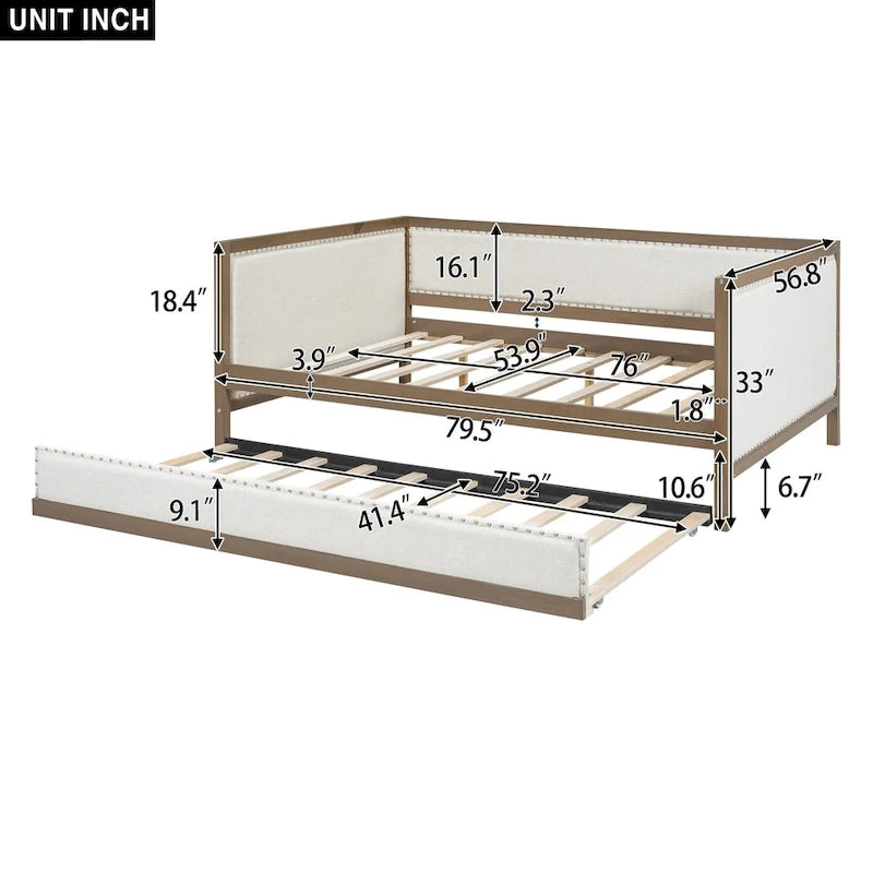 Letto a giorno imbottito Full Size con letto estraibile e decorazione con borchie
