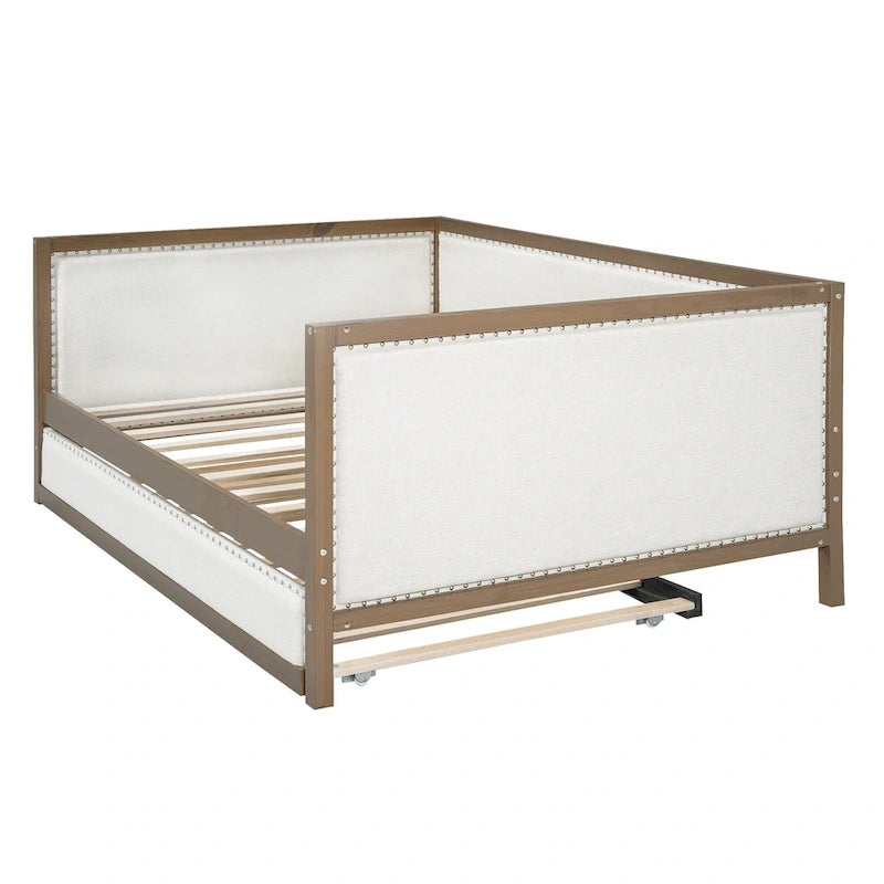 Letto a giorno imbottito Full Size con letto estraibile e decorazione con borchie