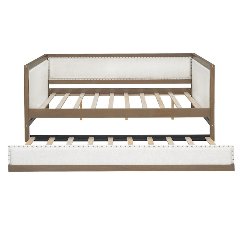 Letto a giorno imbottito Full Size con letto estraibile e decorazione con borchie