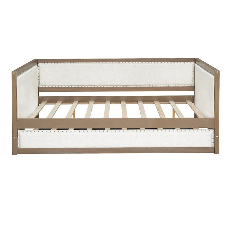 Letto a giorno imbottito Full Size con letto estraibile e decorazione con borchie