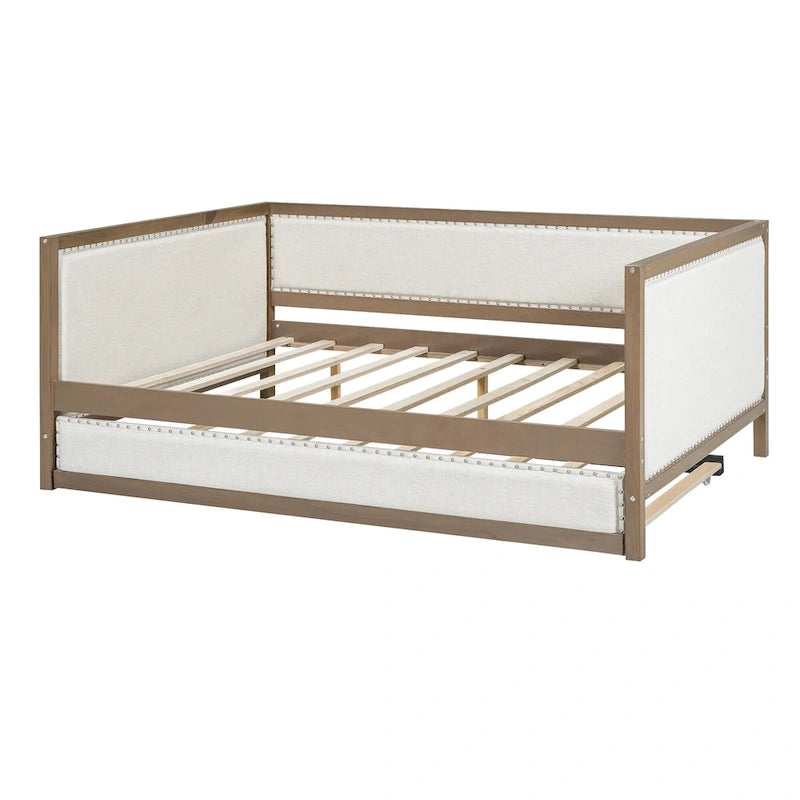 Letto a giorno imbottito Full Size con letto estraibile e decorazione con borchie