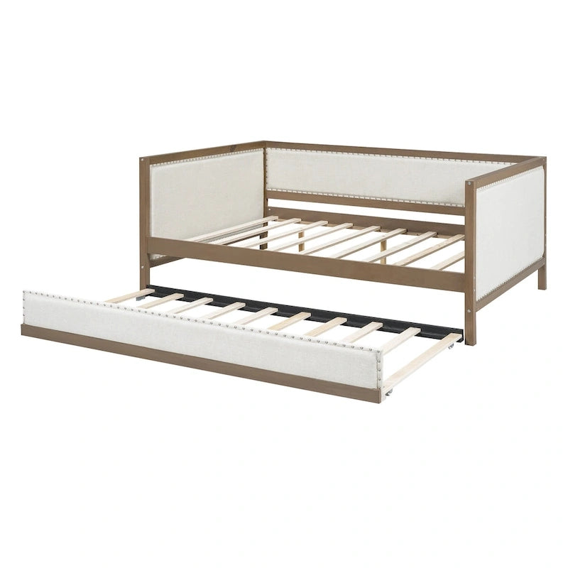 Letto a giorno imbottito Full Size con letto estraibile e decorazione con borchie