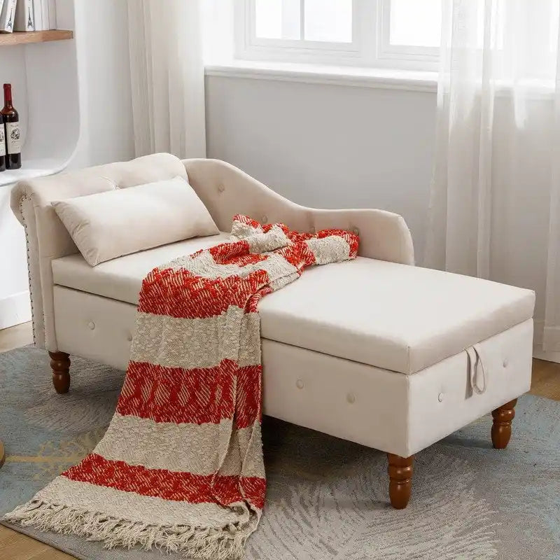 Chaise Longue da Interno, Poltrona Relax in Velluto per Camera da Letto con Contenitore e Cuscino, Moderna Chaise Longue Imbottita con Braccioli Arrotondati