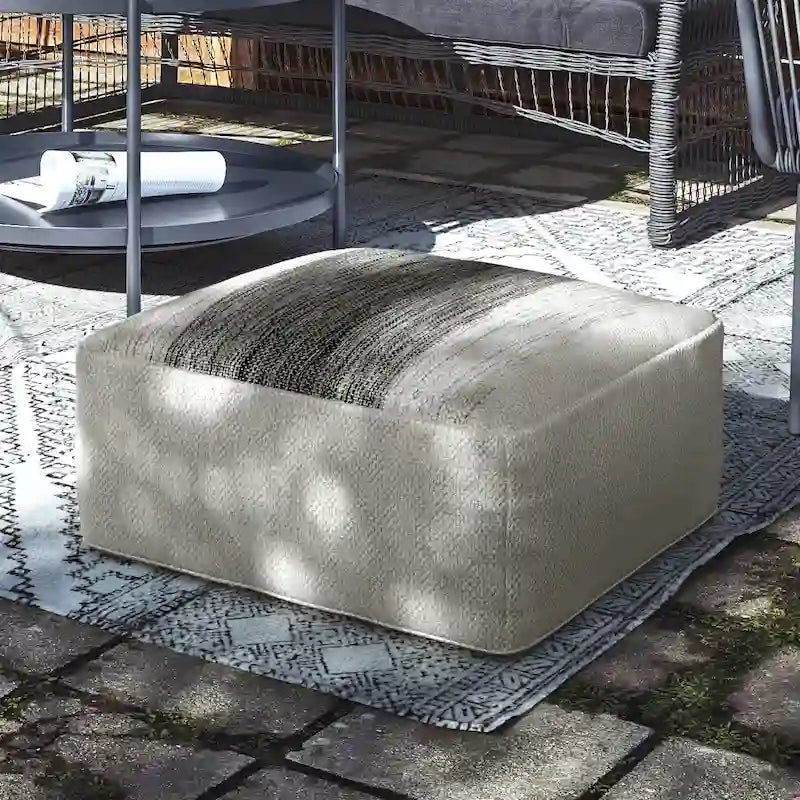 Pouf Irena quadrato intrecciato da esterno/interno - Poliestere PET riciclato grigio e bianco
