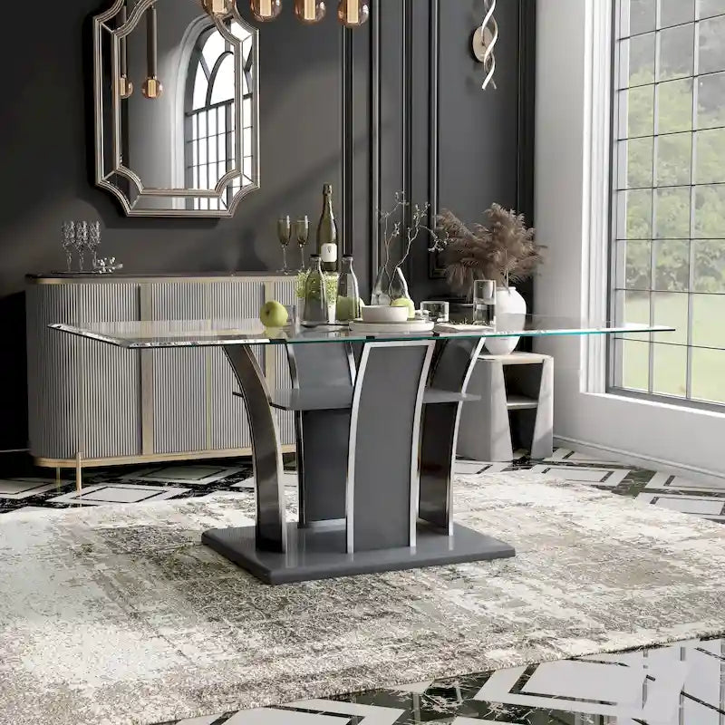 Tavolo da pranzo Resk Modern con piano in vetro da 72" e base in legno, per 6-8 persone