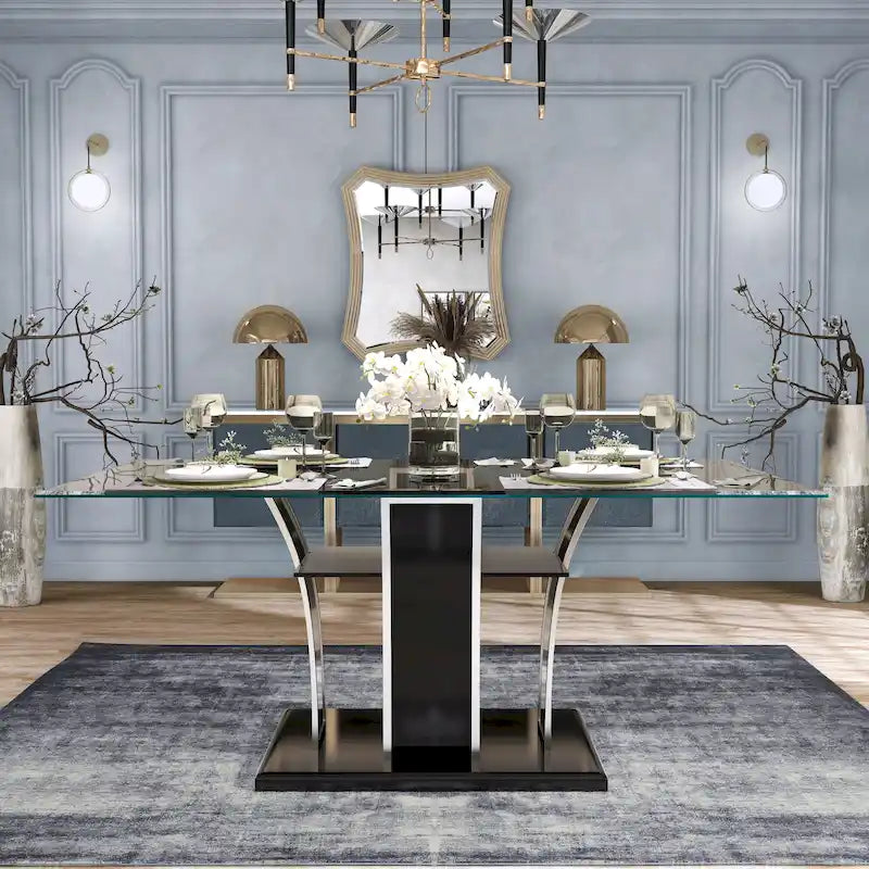Tavolo da pranzo Resk Modern con piano in vetro da 72" e base in legno, per 6-8 persone