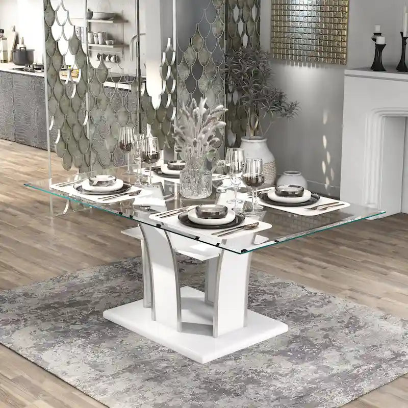 Tavolo da pranzo Resk Modern con piano in vetro da 72" e base in legno, per 6-8 persone