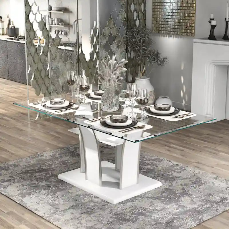 Tavolo da pranzo Resk Modern con piano in vetro da 72" e base in legno, per 6-8 persone