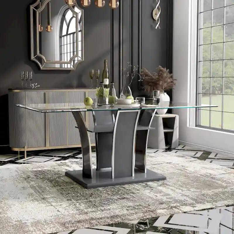 Tavolo da pranzo Resk Modern con piano in vetro da 72" e base in legno, per 6-8 persone
