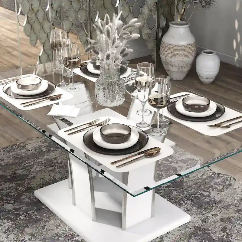 Tavolo da pranzo Resk Modern con piano in vetro da 72" e base in legno, per 6-8 persone