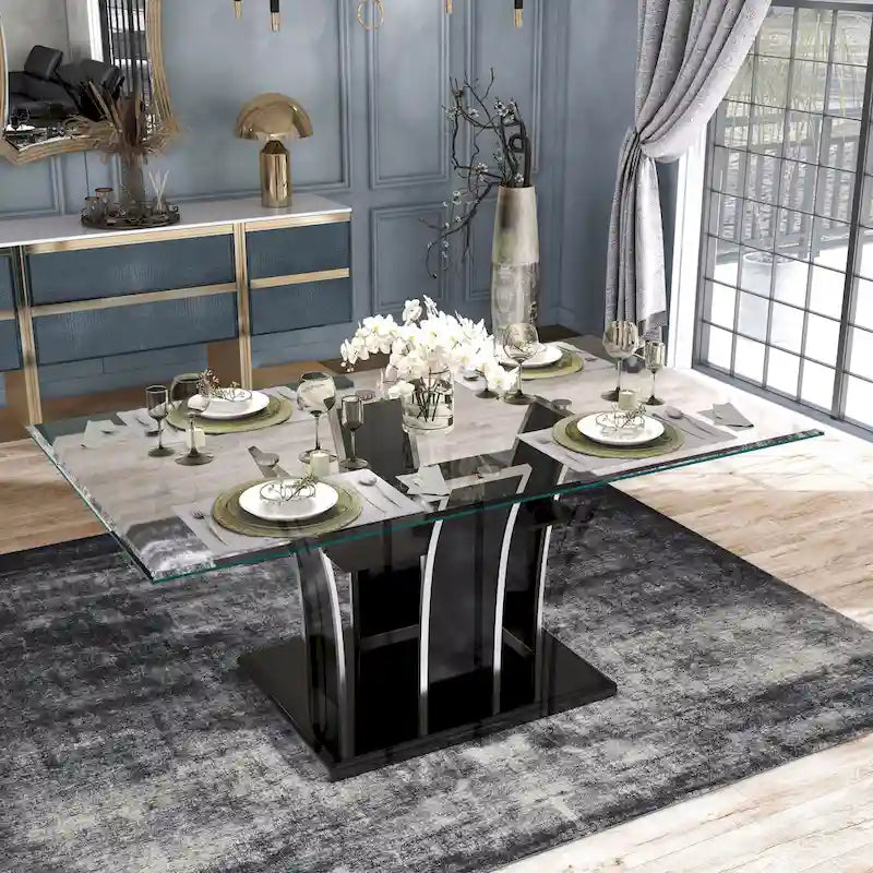 Tavolo da pranzo Resk Modern con piano in vetro da 72" e base in legno, per 6-8 persone