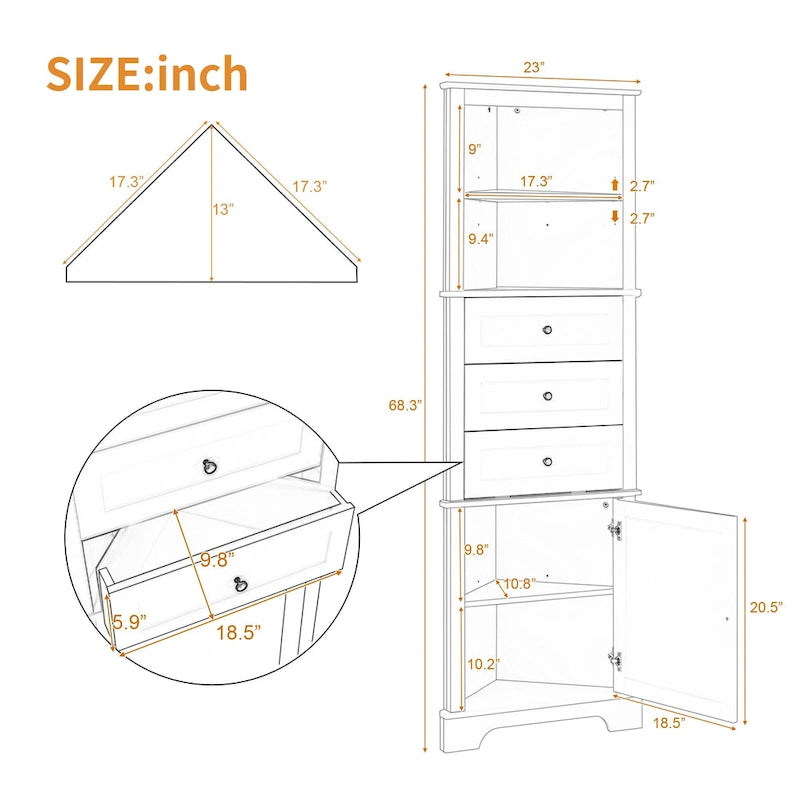 Pensile alto a triangolo con 3 cassetti e ripiani regolabili in MDF verniciato