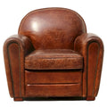 Poltrona Club in vera pelle marrone con borchie e struttura in legno