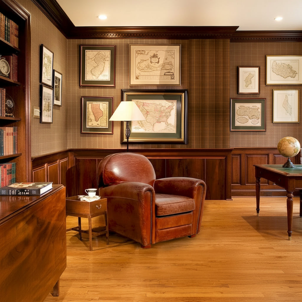 Poltrona Club in vera pelle marrone con borchie e struttura in legno