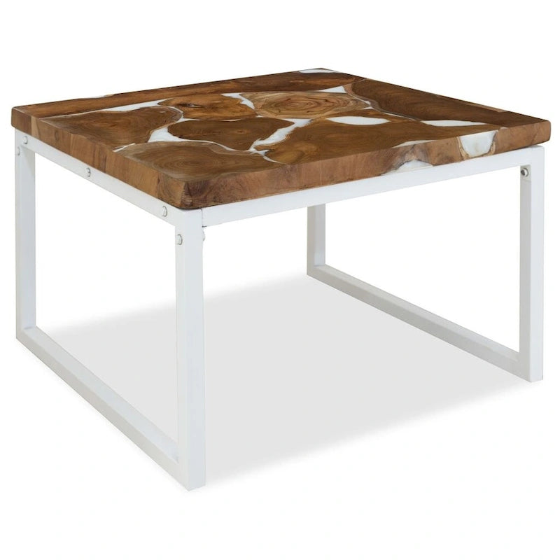 Tavolino da Caffè / Tavolino Laterale in Teak e Resina con Struttura in Acciaio - 60x60x40 cm