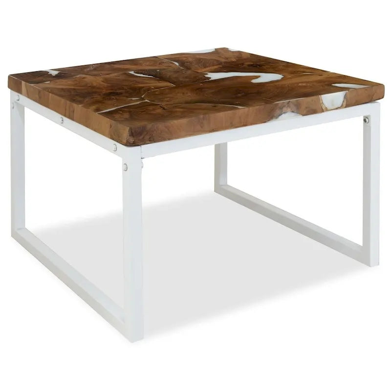 Tavolino da Caffè / Tavolino Laterale in Teak e Resina con Struttura in Acciaio - 60x60x40 cm