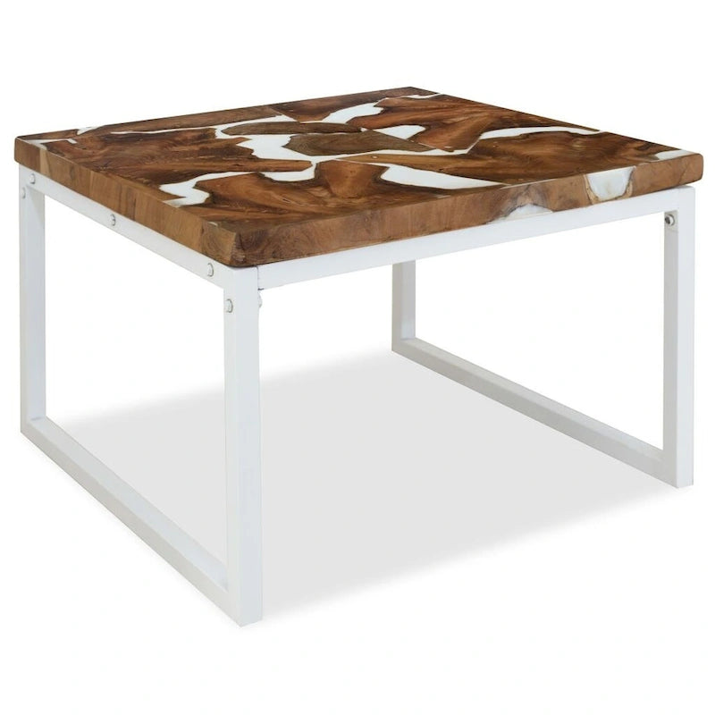 Tavolino da Caffè / Tavolino Laterale in Teak e Resina con Struttura in Acciaio - 60x60x40 cm