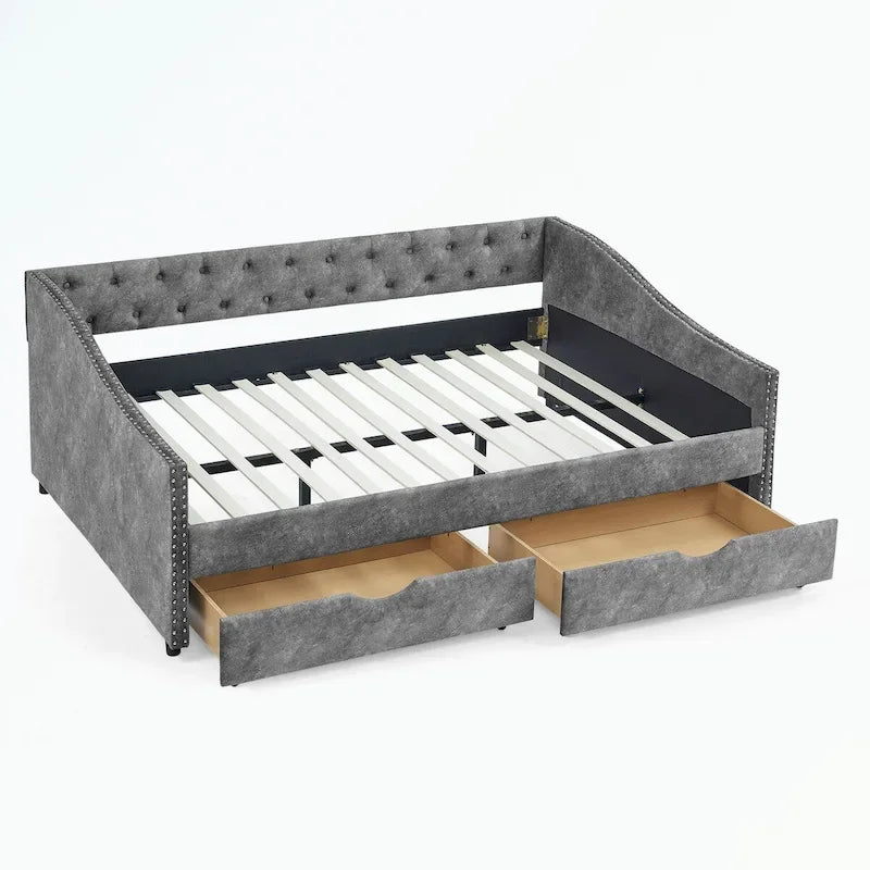 Divano letto imbottito in tufting a grandezza naturale con cassetti