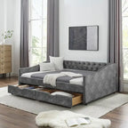 Divano letto imbottito in tufting a grandezza naturale con cassetti