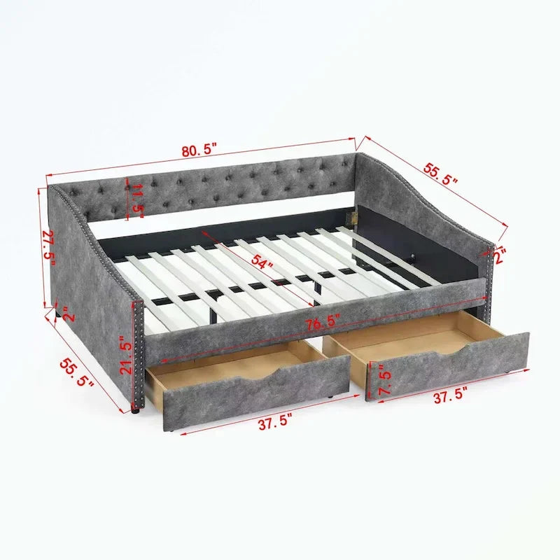 Divano letto imbottito in tufting a grandezza naturale con cassetti